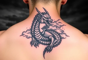 fierce dragon breathing iridescent fire against stormy skies tattoo idea