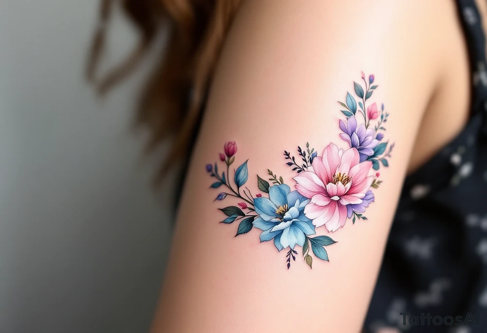 Watercolor Floral Wreath – A flowing, dreamy wreath in watercolor shades of pink, blue, and purple, with soft greenery wrapping around the vibrant flowers. tattoo idea