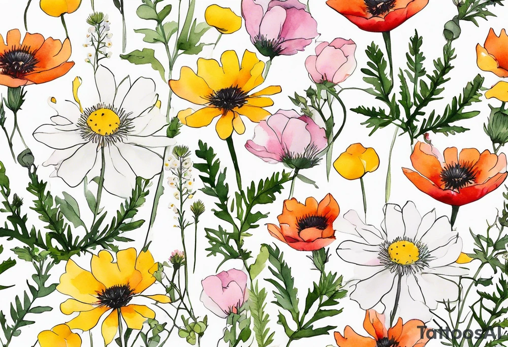simple wildflowers cascading with thistles, ferns, white anemones, sun flowers, yellow flowers, red flowers, pink flowers, green flowers, buttercups, orange flowers, babys breath and daisies all in watercolor tattoo idea