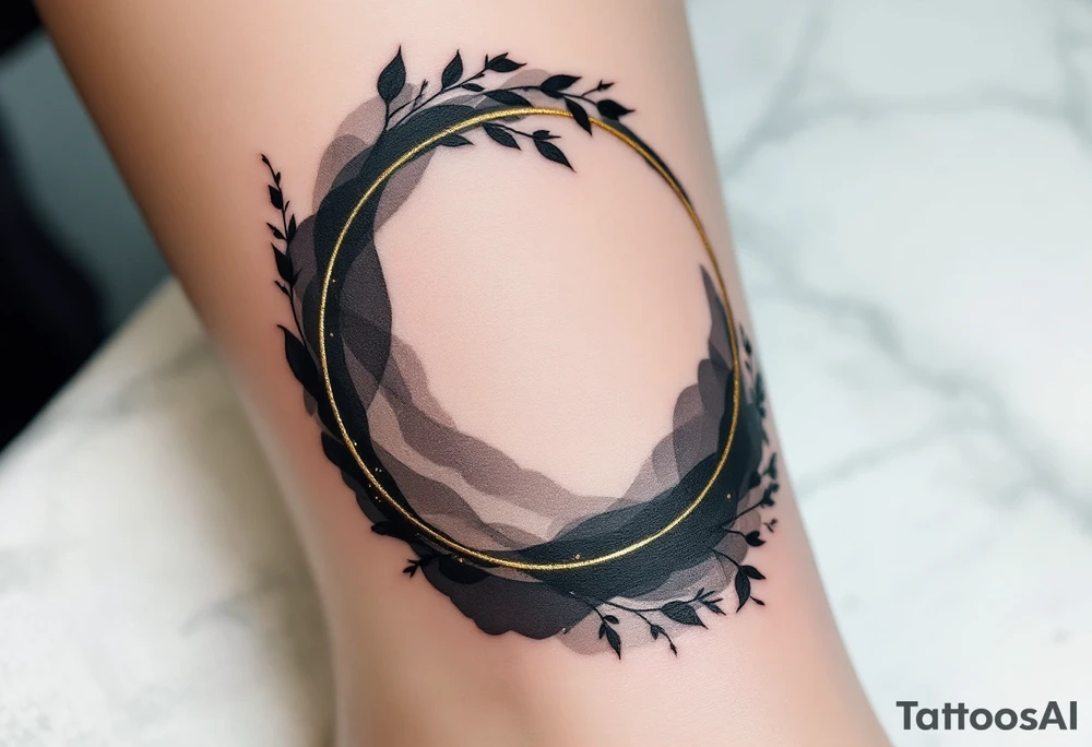 A solid black circle with a thin gold outline, evoking elegance and strength. tattoo idea