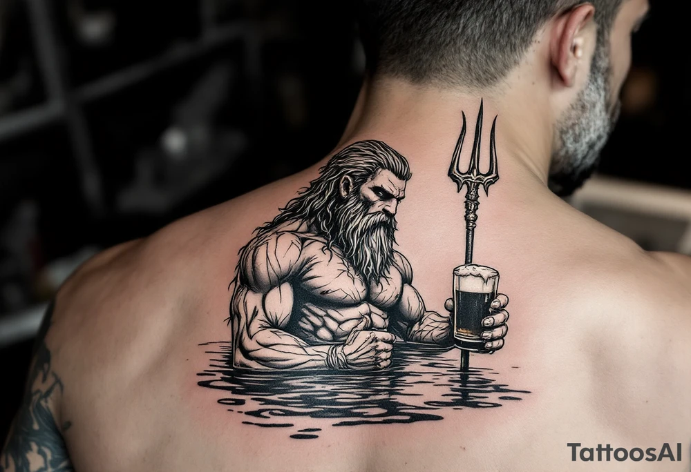 poseidon in calm water, holding a trident, holding a beer tattoo idea