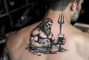 poseidon in calm water, holding a trident, holding a beer tattoo idea