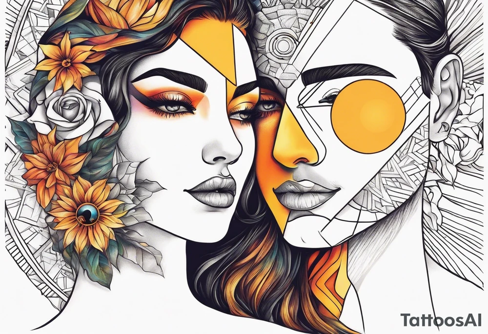 single face 
half of the face is a woman representing the sun, and the second half is a man representing the moon. tattoo idea