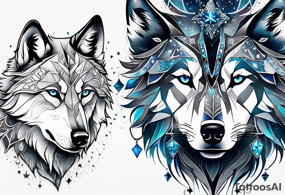 Constellation, two animal wolf, snowflake tattoo idea