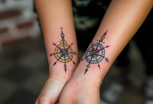 Matching antique-style compasses with red pointers on the chest guide you back to each other. tattoo idea