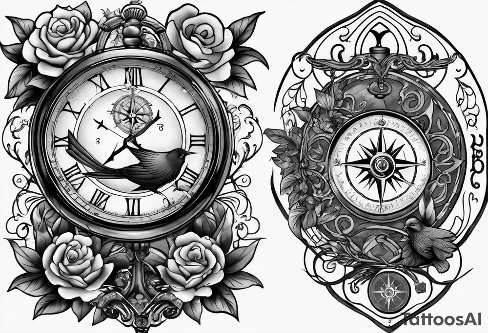 black and grey composition of three elements, 1), combination old school pocket watch and nautical compass in pieces, 2) a tree of life and 3) a doctor bird, connected together by lignum vitae flowers, on the arm 3/4 sleeve black and grey tattoo idea