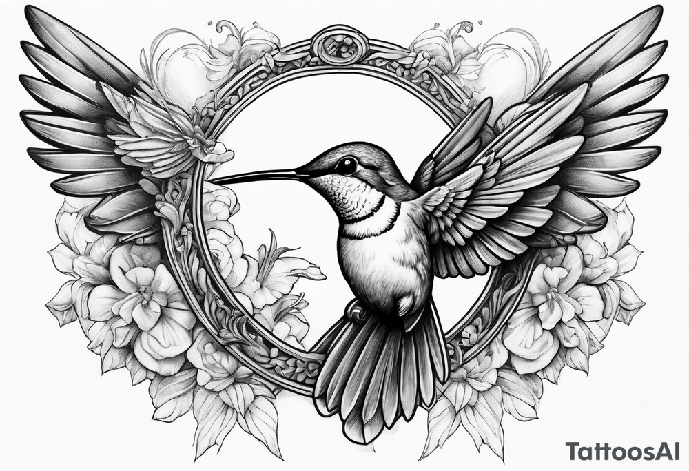hummingbird with sad angel on swing coming out of tail feathers tattoo idea