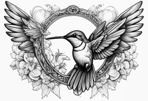 hummingbird with sad angel on swing coming out of tail feathers tattoo idea