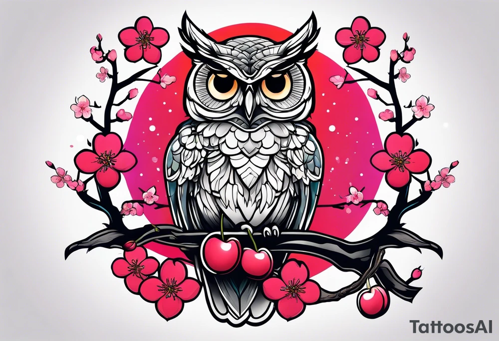 Owl and cherry blossoms tattoo idea