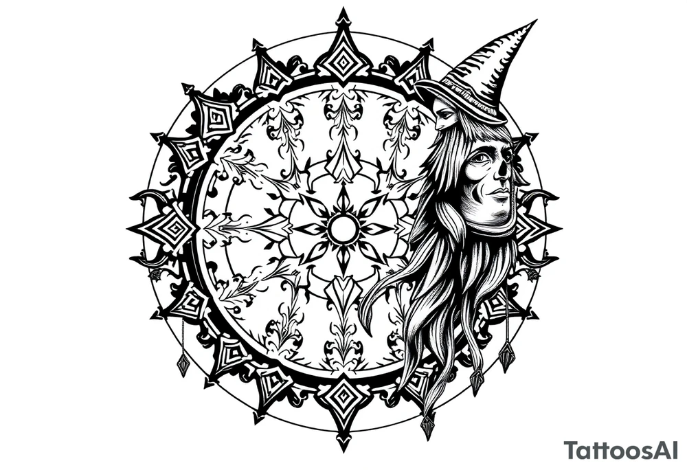mystical dark and long ornament with shaman and witch mytolog and ancient rhyme tattoo idea