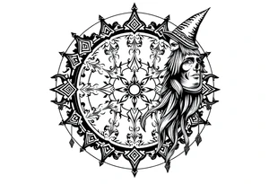 mystical dark and long ornament with shaman and witch mytolog and ancient rhyme tattoo idea
