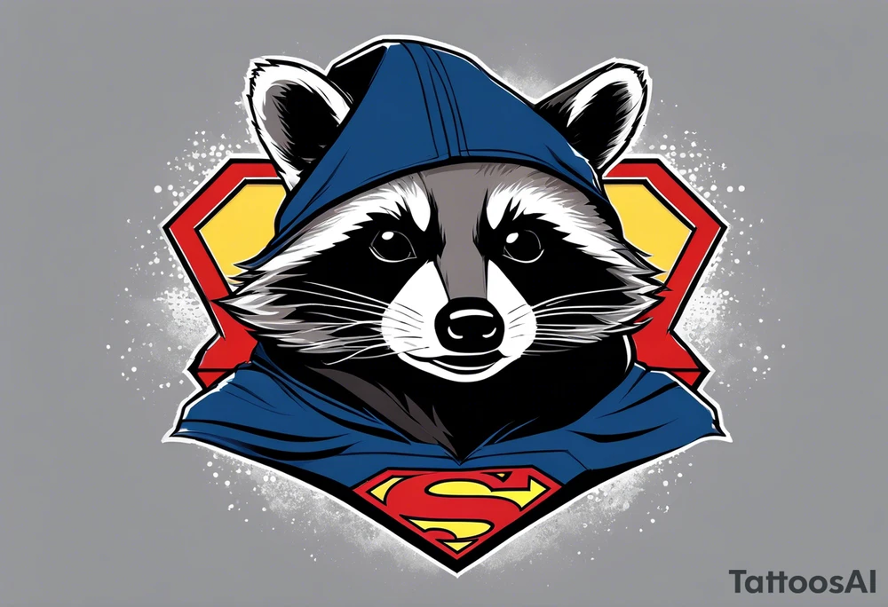 Raccoon wearing a white Superman logo on a black hoodie tattoo idea