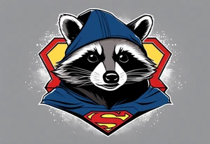 Raccoon wearing a white Superman logo on a black hoodie tattoo idea
