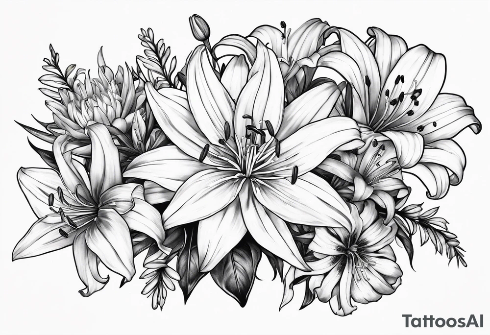 Bouquet of lily, marigold, cosmo, and aster tattoo idea