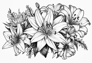 Bouquet of lily, marigold, cosmo, and aster tattoo idea