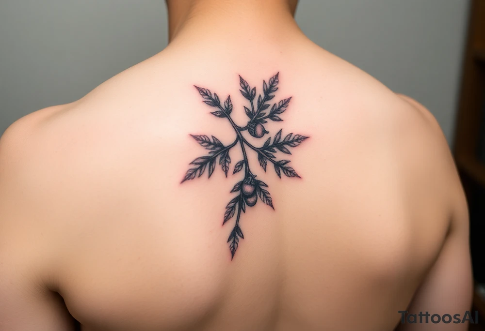 colored tattoo on the arm depicting an oak branch with acorns tattoo idea