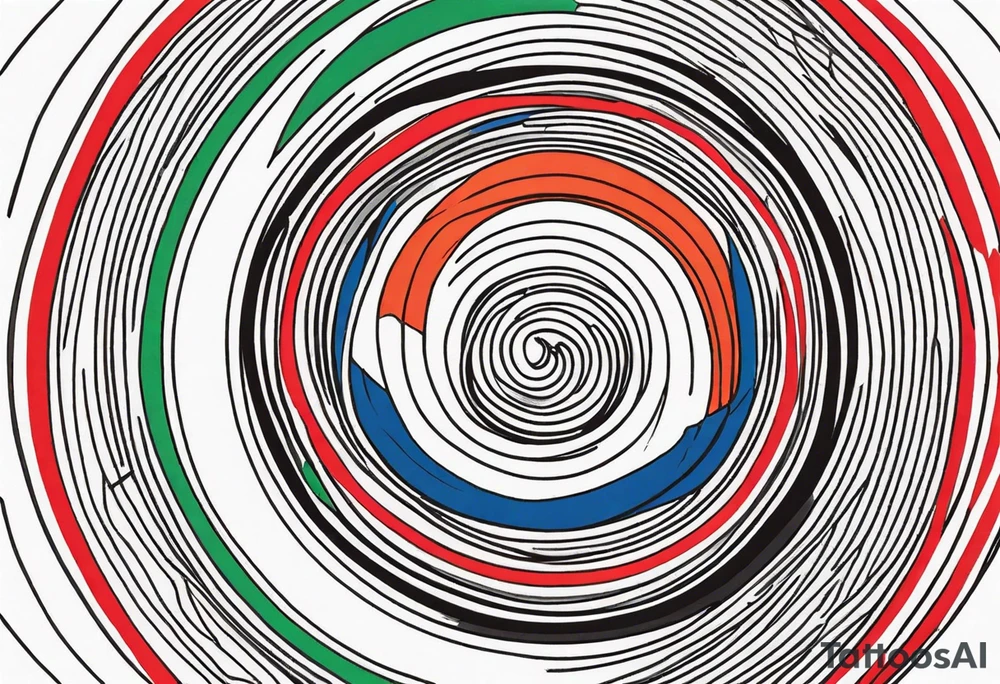 circular swirl of red, blue, orange, and green stripes tattoo idea
