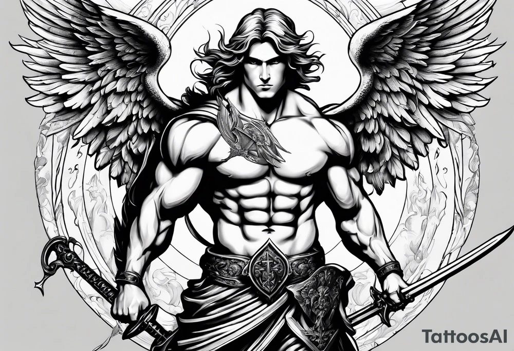 Male American guardian angel with a sword and angel from hell combined together tattoo idea