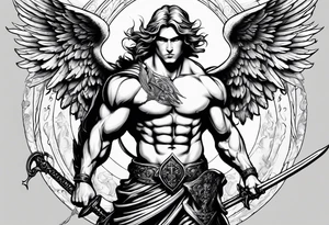 Male American guardian angel with a sword and angel from hell combined together tattoo idea