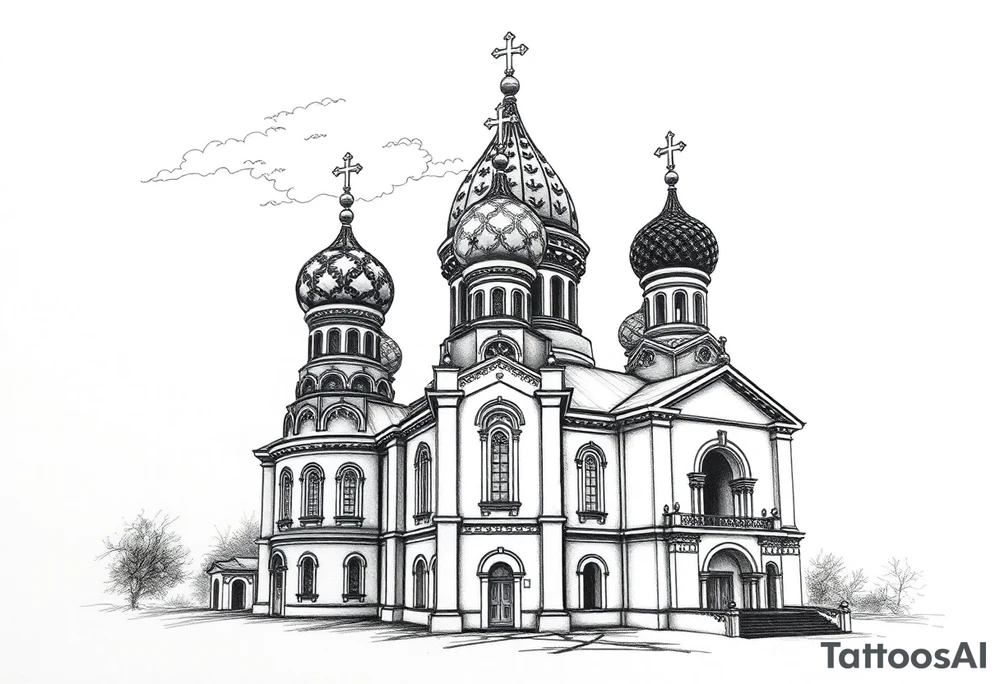 highly detailed Russian Orthodox cathedral with onion domes and orthodox crosses, done in fine line, engraving-like style. Cohesive composition, black ink only, no color, high contrast, slightly aged, documentary-style, plain light background. with clouds above it and a virgin mary over looking tattoo idea