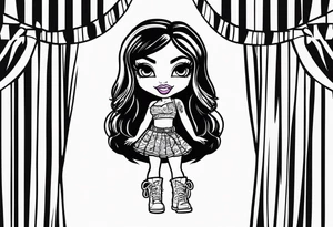 Bratz Doll Flash style Tattoo with black hair and curtain bangs, with a nose ring tattoo idea