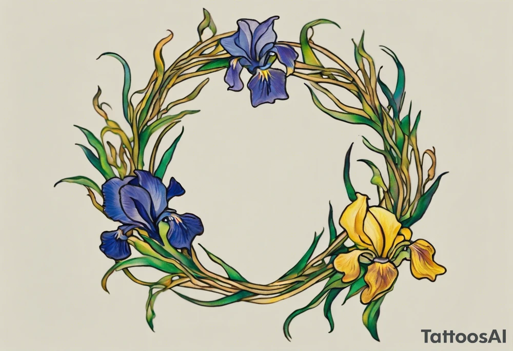 Create a small, colorful Vincent van Gogh Irises tattoo in the form of a crescent, with vines gracefully intertwining at a central point in the middle of the wreath. The intended placement is on the upper chest. The overall design should be small in size while maintaining a delicate and artistic aesthetic. Pay attention to the graceful flow of the vines and the placement of the irises to achieve a refined and elegant look. tattoo idea