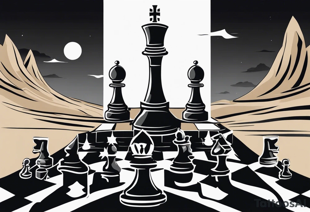 A black-and-white tattoo featuring a chessboard with scattered chess pieces, symbolizing strategy and the unpredictability of life. In the background, an hourglass with sand halfway through represents the passage of time. The chessboard is slightly distorted to give a surreal, maze-like effect. The design uses bold lines and shading to create contrast, with no extra colors, staying true to the black-and-white theme on the hand tattoo idea