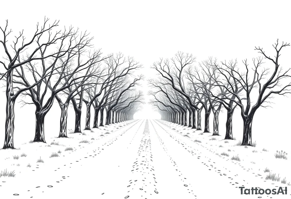 Tree-lined dirt road. Road is rough, little shoulder. Deciduous trees arch across it, meeting in the middle. 

Road should be rougher, more rural. Branches start lower. The trees in the foreground should be bigger — perspective has road getting smaller. 

Make the trees leafier. Branches begin lower on the trunk. 

Much leafier trees. Summer. Can’t see much behind the trees 

Make the trees oak. More leaves tattoo idea