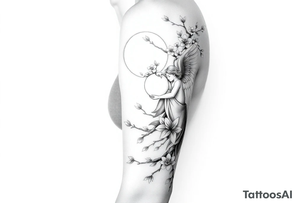 the sun or the moon being wrapped w cherry blossom tree with an angel laying on the moon or lookin at the sun holding its hand out tattoo idea