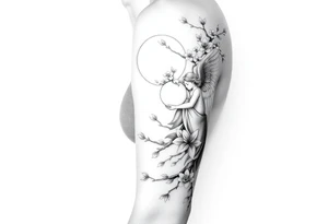 the sun or the moon being wrapped w cherry blossom tree with an angel laying on the moon or lookin at the sun holding its hand out tattoo idea