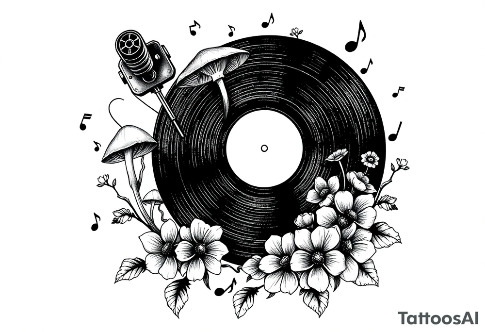vinyl record player with mushrooms, flowers, and music notes around it tattoo idea