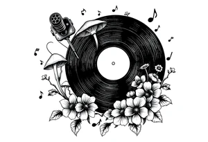 vinyl record player with mushrooms, flowers, and music notes around it tattoo idea