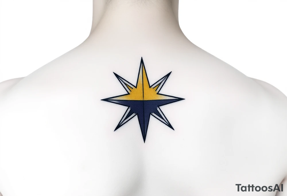 Minimalist star tattoo with nonbinary flag colors (yellow, white, purple, black), clean line art, transparent background. tattoo idea
