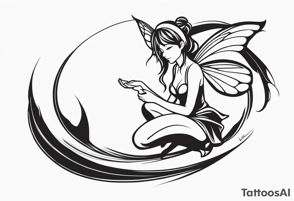 Minimalistic, monochromatic fairy with a tail flying to the left in a fetal position, leaning and looking in the same direction, with visible hands, embodying the 'Fairy Tail' logo aesthetic. tattoo idea
