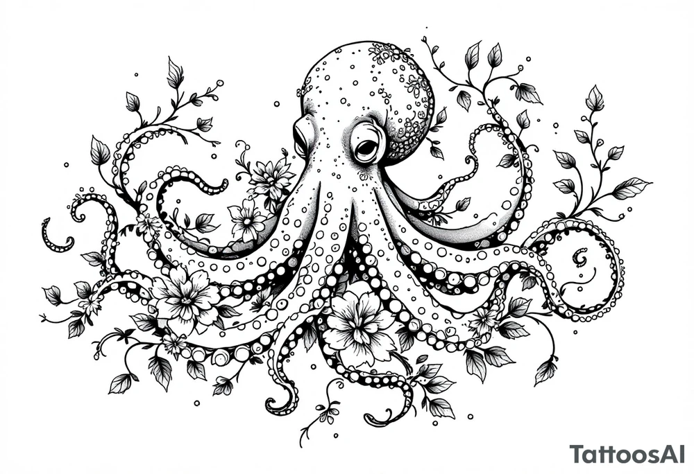 realistic octopus, detailed linework, intricate, black-and-grey shading, surrounded by floral ornaments, intertwining and merging with flowers, thin black swirling lines, semi-transparent brown leaves, dotwork, ornamental flourishes, radiating design, fine-line style, minimalistic, organic flow, feminine, artistic, slightly surreal, seamless composition, marine botanical fusion, lifelike texture, graceful rhythm, smooth shading, soft leaves wrapping, blooming shoulder flower, outward radiating pattern, vine tentacle flow, integrated sea creature, botanical octopus curved body placement, natural organic movement tattoo idea
