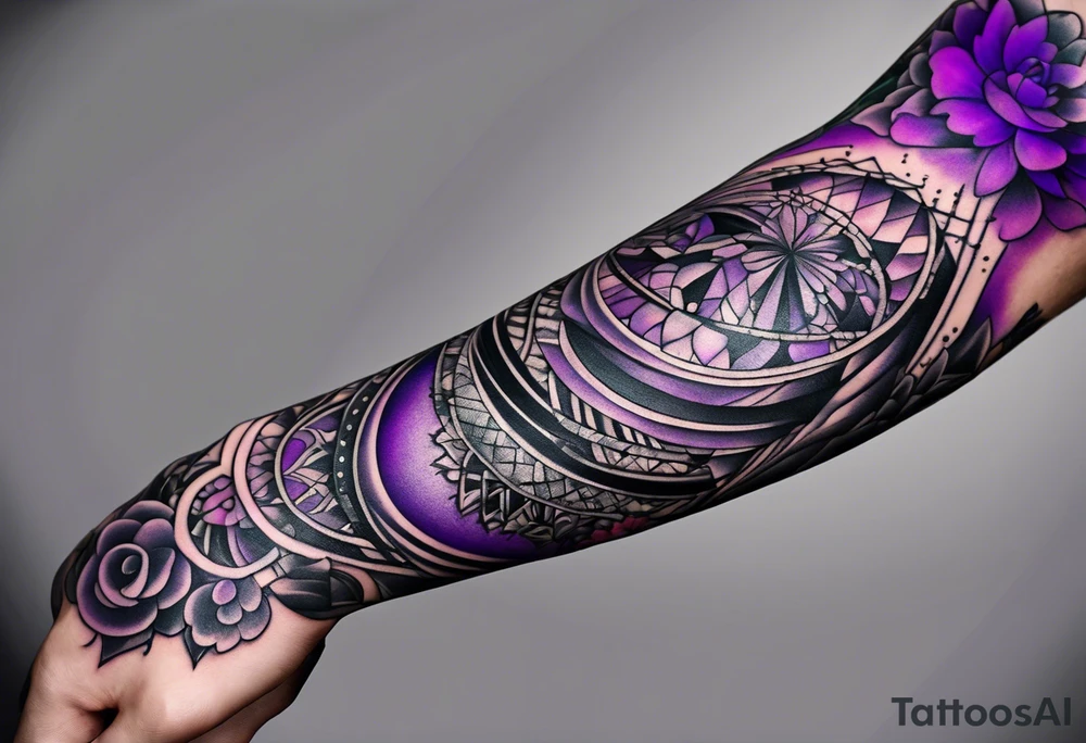 lines around wrist, abstract, black and purple, covered from wrist to forearm, fully covered, no borders, blackwork, no faces tattoo idea