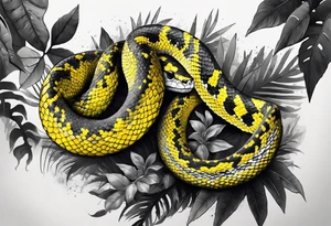 Black and grey realistic yellow blotched pit viper snake with rainforest background on forearm. I want the snake to look aggressive tattoo idea