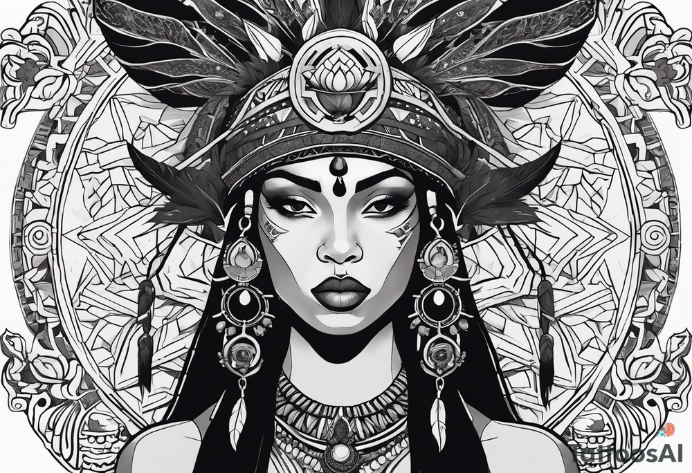 valkrye, kali, pirate, african goddess, , warrior, native american, lotus, zenza resonance, skulls, pachamama, left side face, chest, right wing, tattoo idea