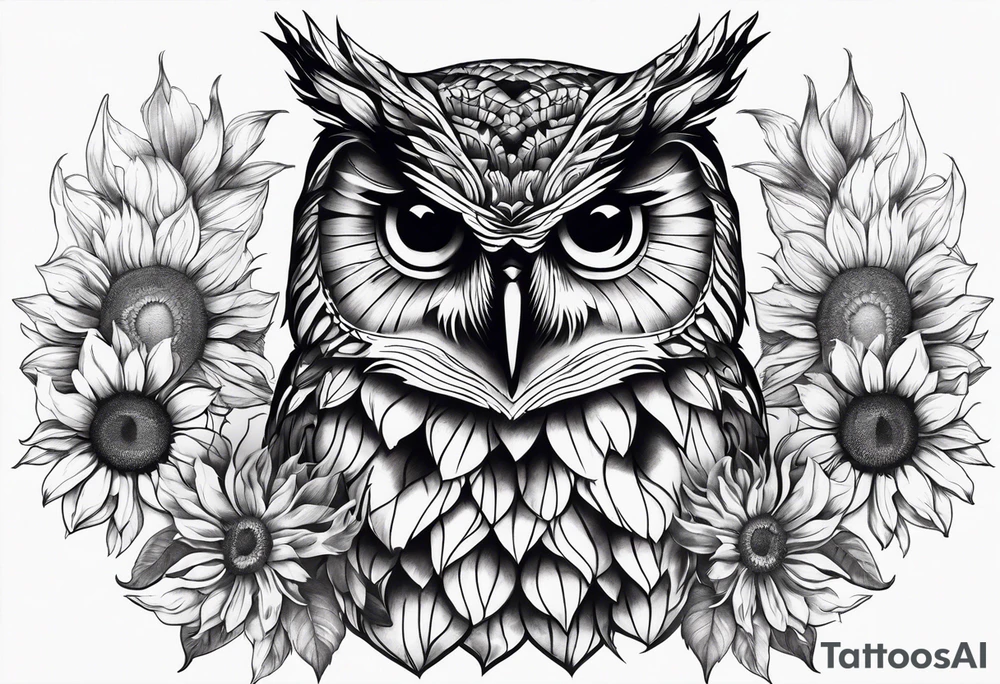 Owl with sunflowers leg sleeve tattoo idea