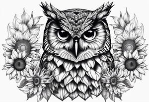 Owl with sunflowers leg sleeve tattoo idea