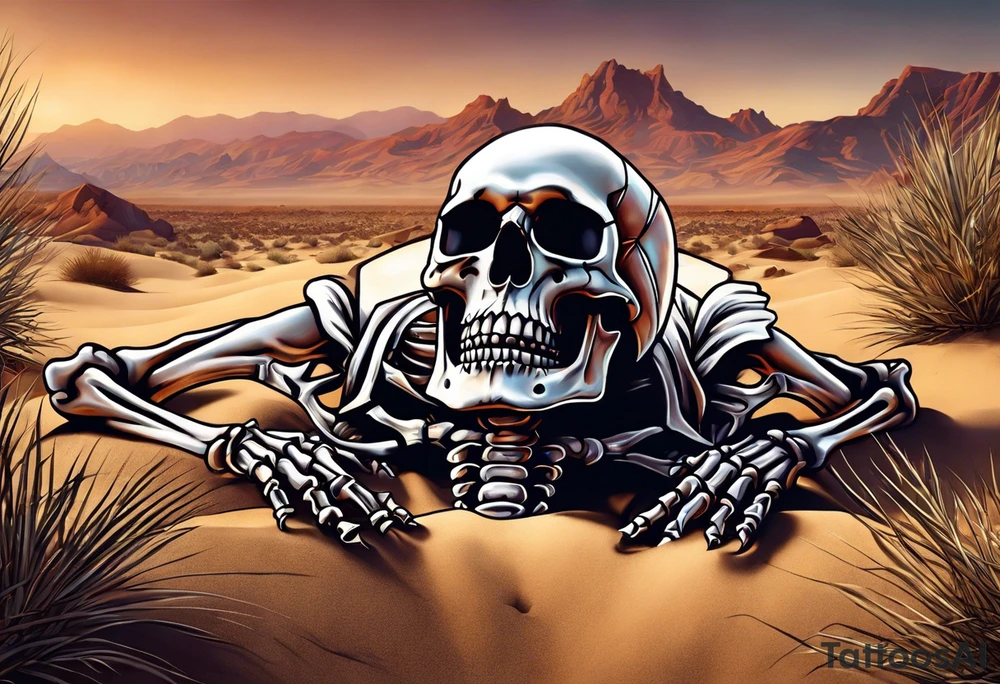 skeleton crawling towards a cross in a desert tattoo idea