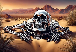skeleton crawling towards a cross in a desert tattoo idea