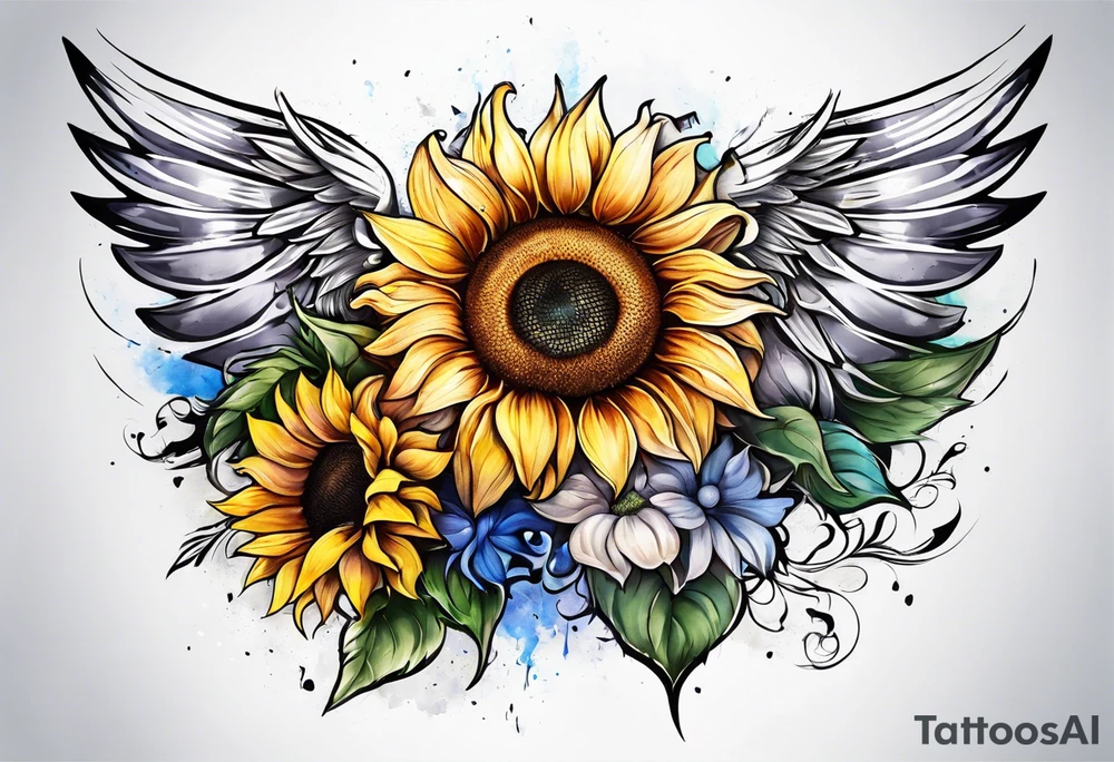 Sunflower and angel wings sleeve tattoo idea