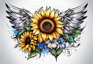 Sunflower and angel wings sleeve tattoo idea