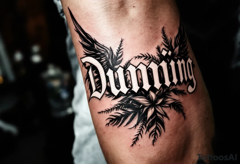 Dunning, left forearm details include angel wing, greek type of font,jungle leaves, name is big and in white color tattoo idea