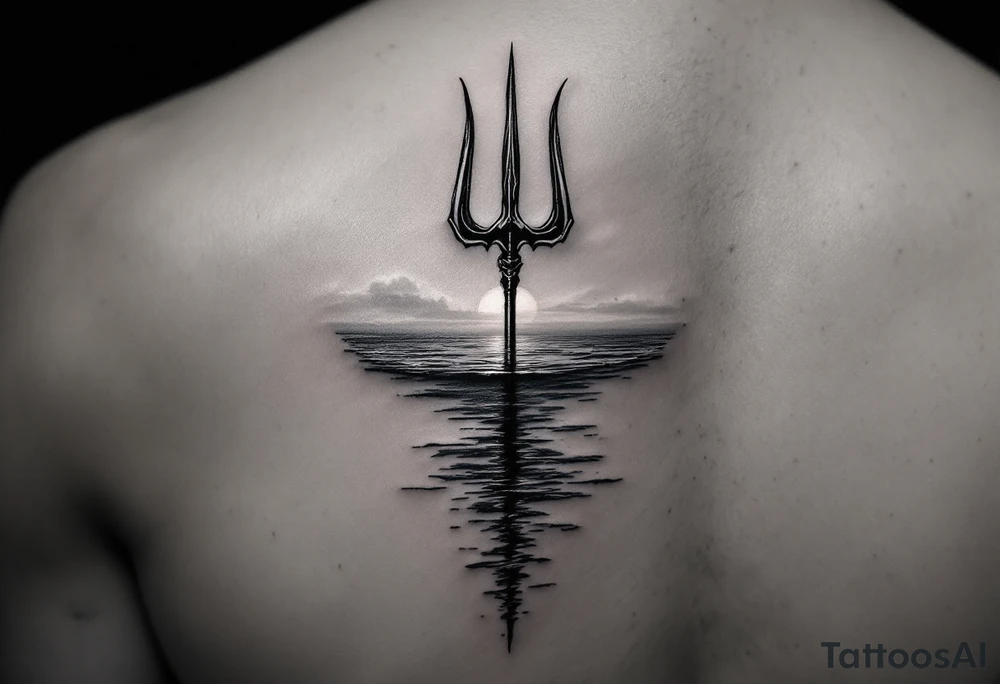 trident half way under calm water with sunset tattoo idea