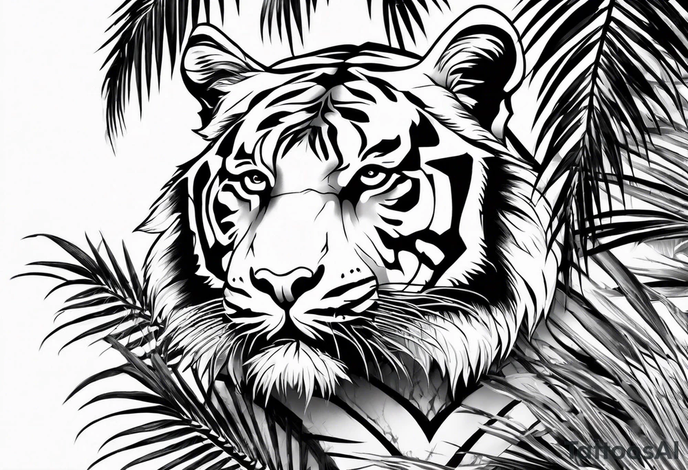 tiger climbing palm tree tattoo idea