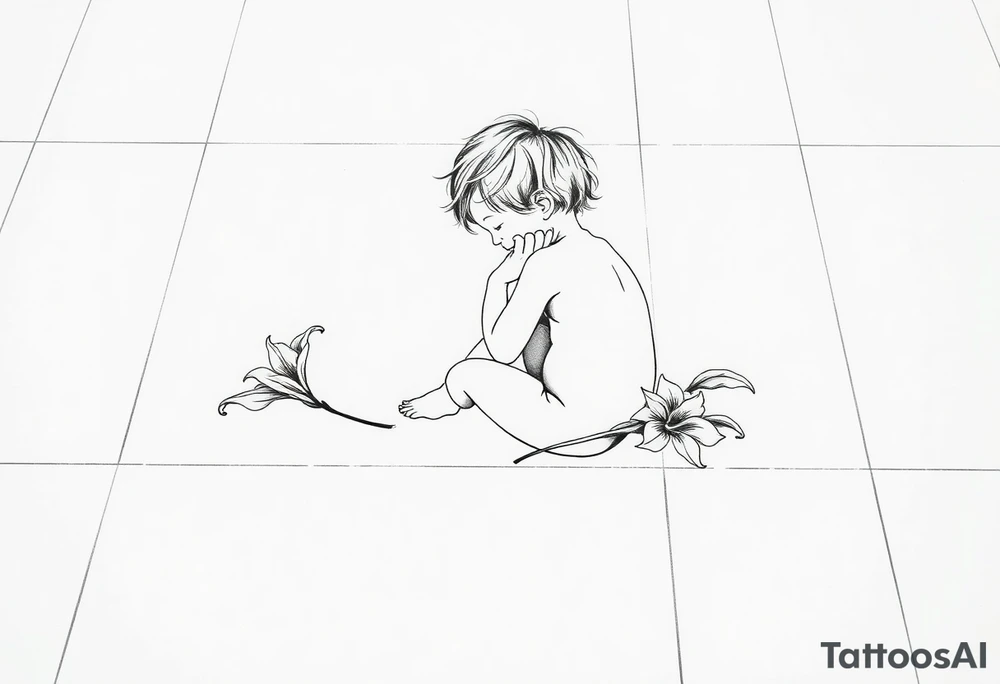 A simple tile floor with a minimalist silhouette of a curled up child sitting on the floor with a lily next to her tattoo idea
