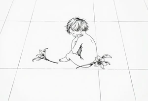A simple tile floor with a minimalist silhouette of a curled up child sitting on the floor with a lily next to her tattoo idea