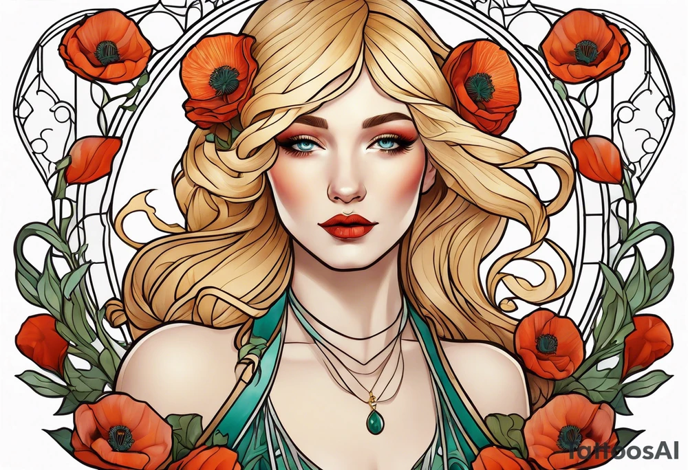 Art nouveau blond woman poppy tattoo idea